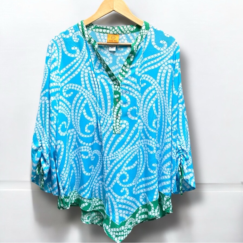Ruby Rd Blue, White, Green 3/4 Tie Sleeve‎ Hankerchief Hem  V-Neck Top